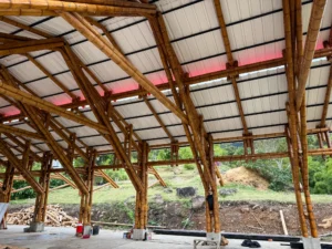 Installation of uPVC roofing panels for the bamboo pavilion