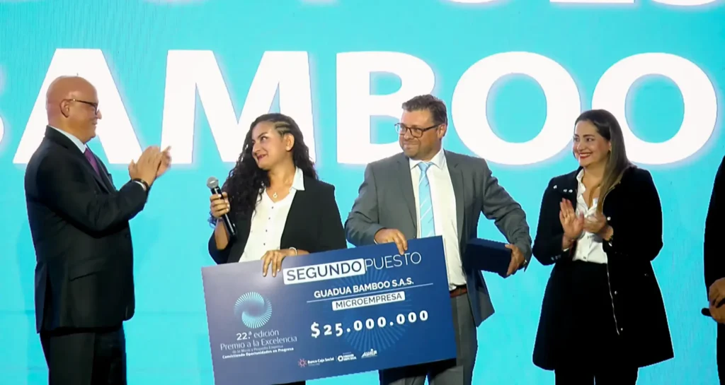 Guadua Bamboo SAS founders receiving the 2nd place National Award for Excellence in Bogota.