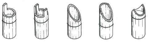 These are the most common cuts to use when making bamboo joints: one ear / two ear / beveled / flute mouth / fish mouth