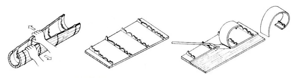 Diagram illustrating steps to install a vinyl plank floor: folding over the vinyl, placing a locking strip, snapping the vinyl into place, securing with a pull bar, and trimming with a utility knife.