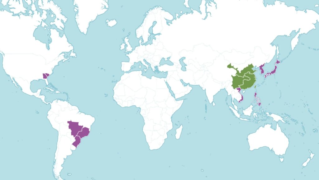 Phyllostachys edulis distribution map - Source: Kew Science Phyllostachys edulis distribution map - Source: Kew Science
