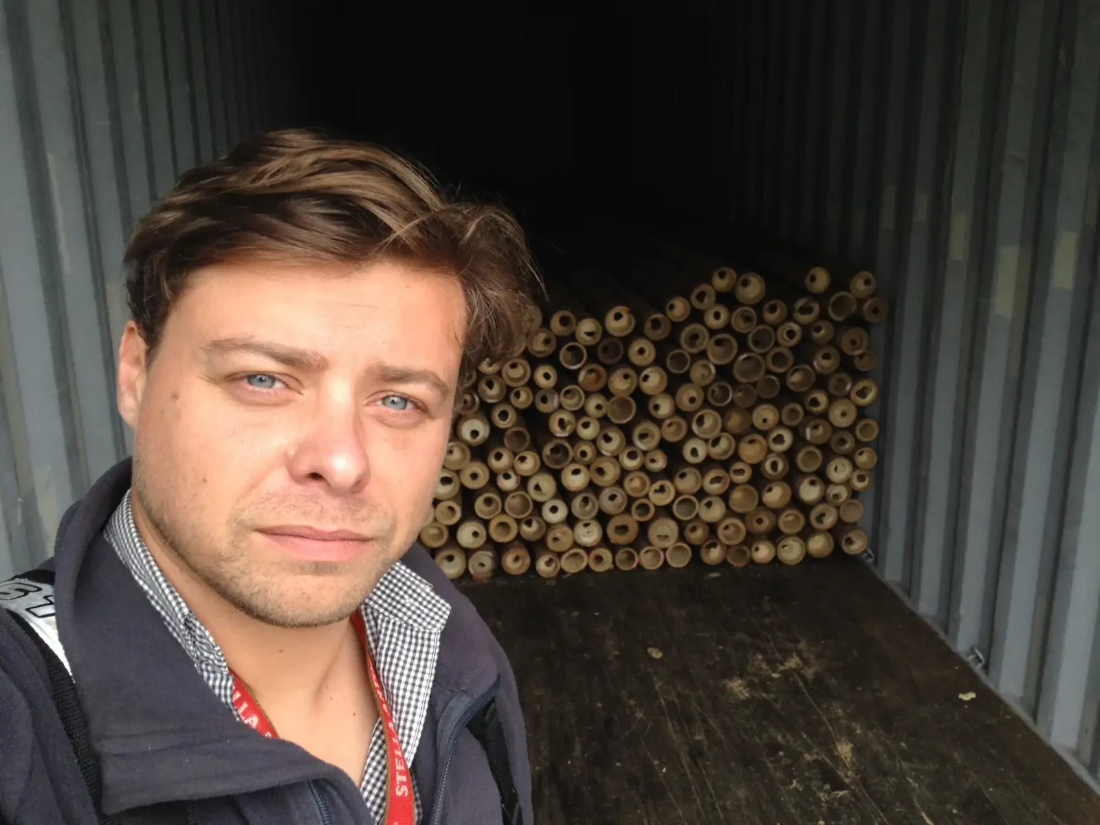 bamboo-poles-container-stephane-schroder Stéphane Schröder inside shipping container with bamboo poles from Colombia