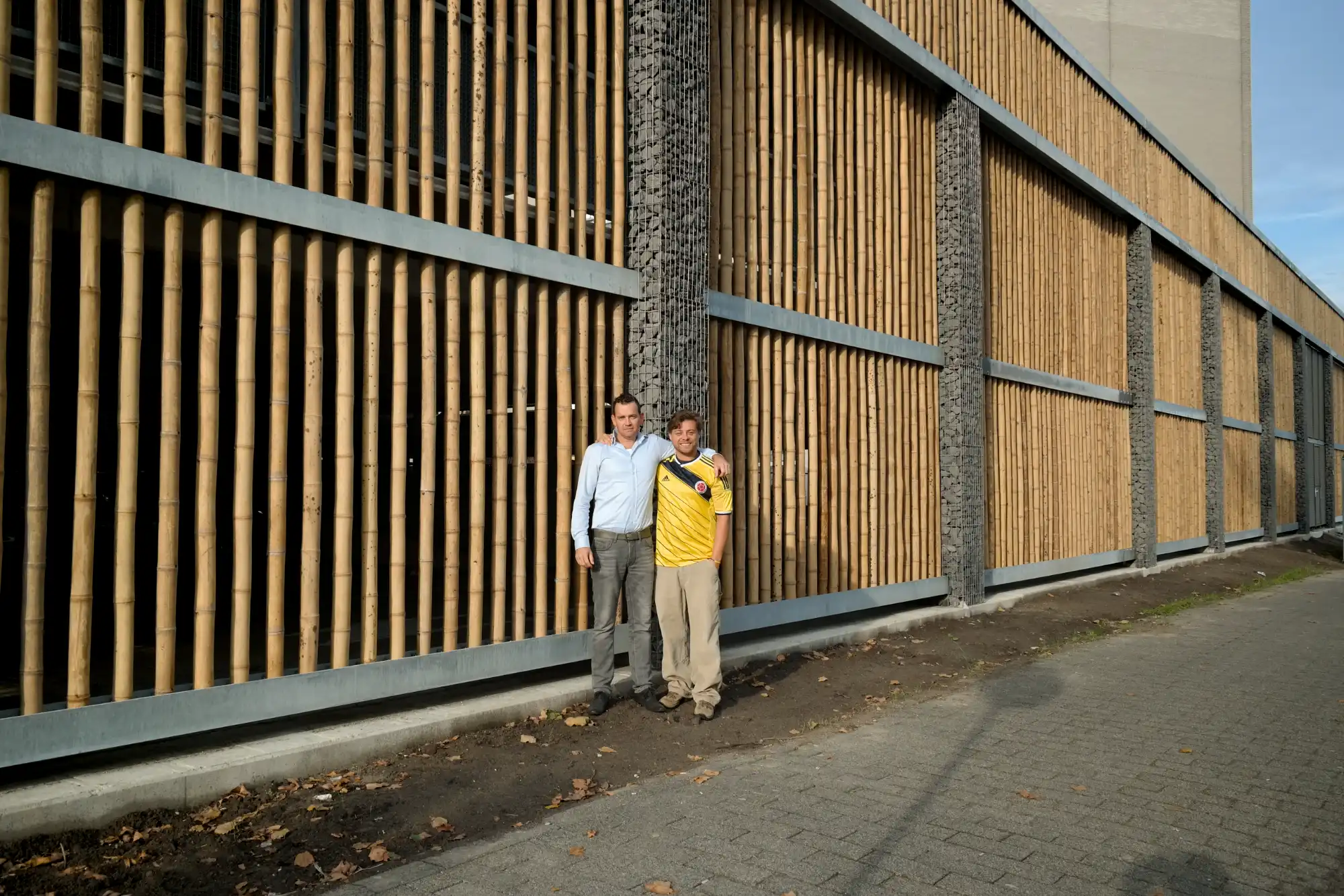 Pim van der Eng and Stéphane Schröder in front of a Guadua Bamboo Car Park the Netherlands