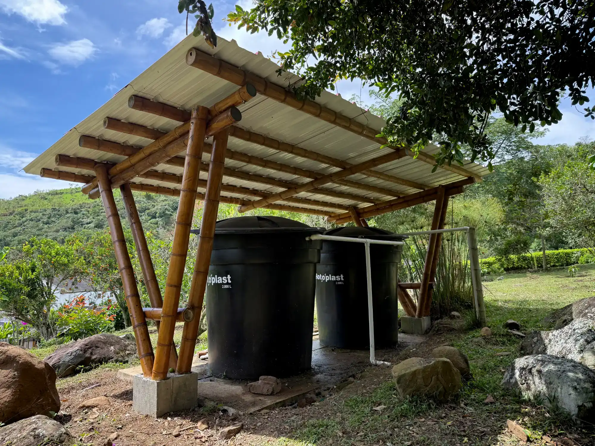 Prefab bamboo shade structure built at Hacienda Guadua Bamboo in Colombia