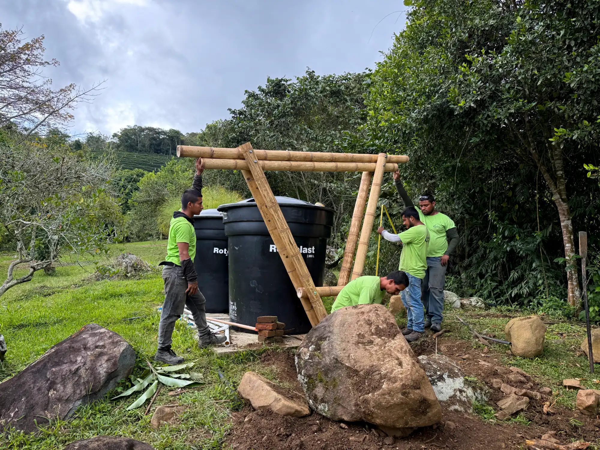 Prefab bamboo shade structure built at Hacienda Guadua Bamboo in Colombia