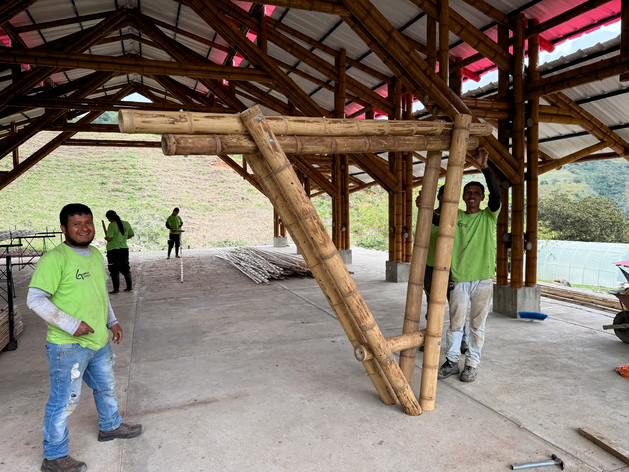 Prefab bamboo shade structure built at Hacienda Guadua Bamboo in Colombia
