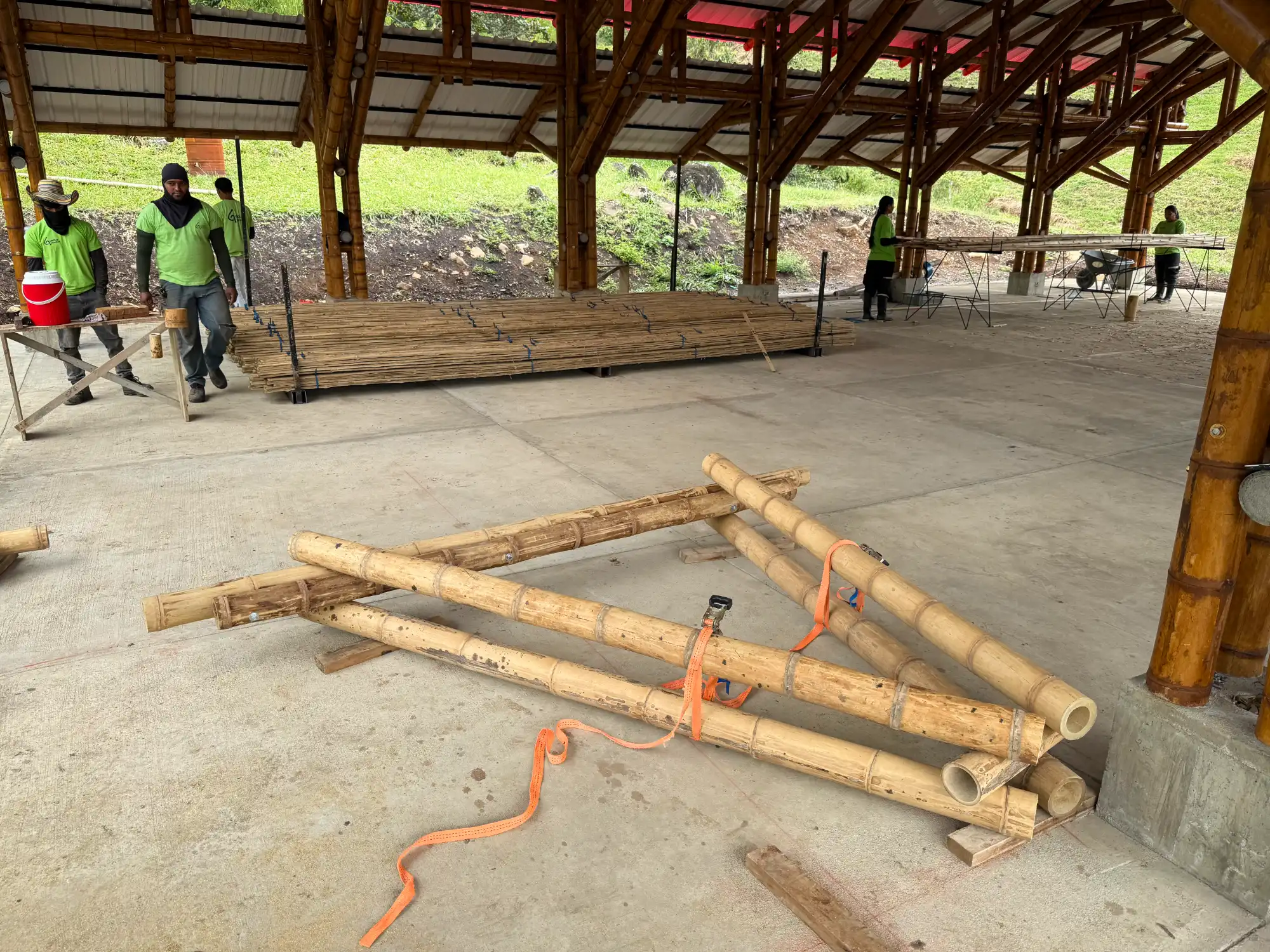 Prefab bamboo shade structure built at Hacienda Guadua Bamboo in Colombia