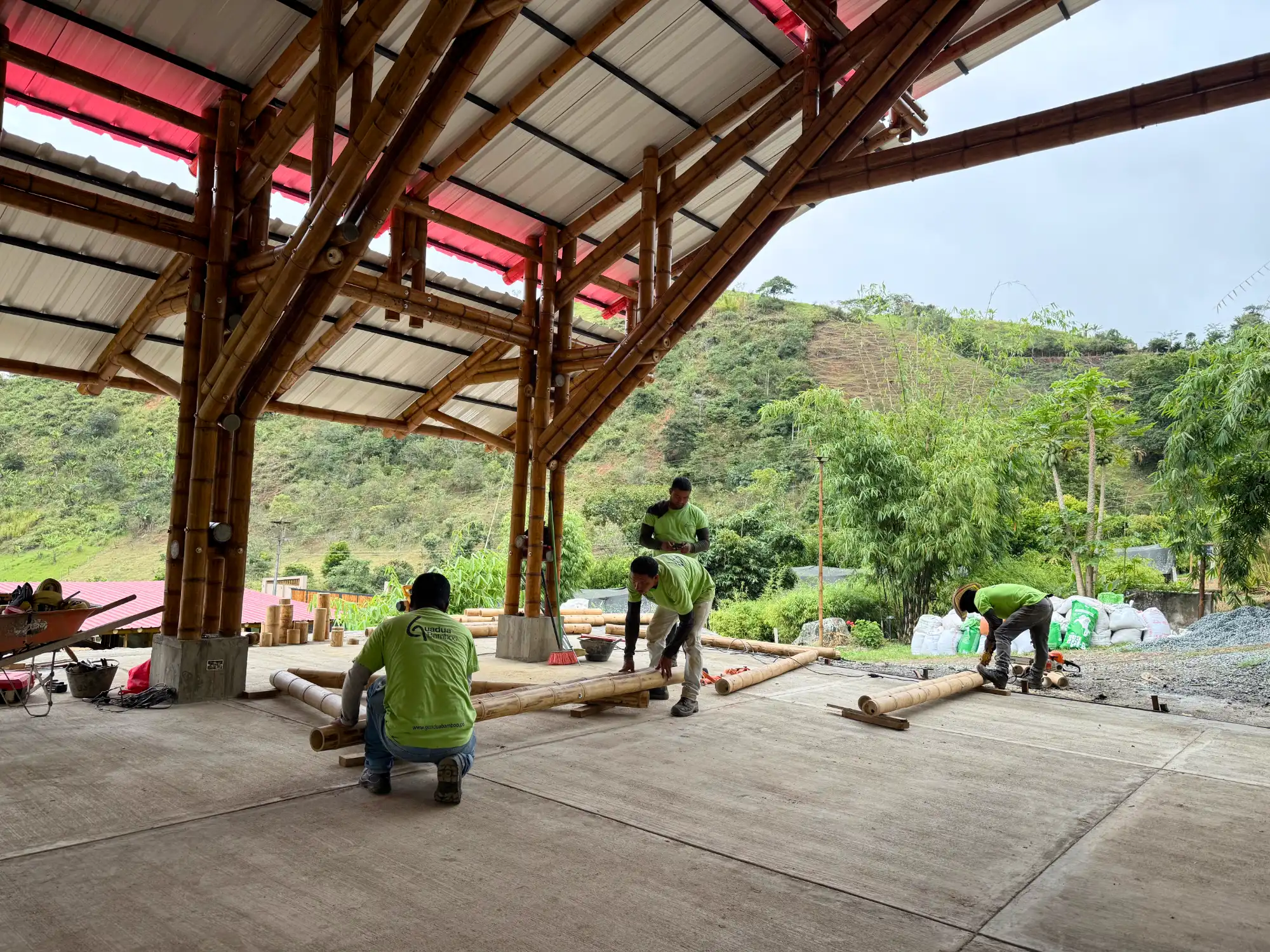 Prefab bamboo shade structure built at Hacienda Guadua Bamboo in Colombia