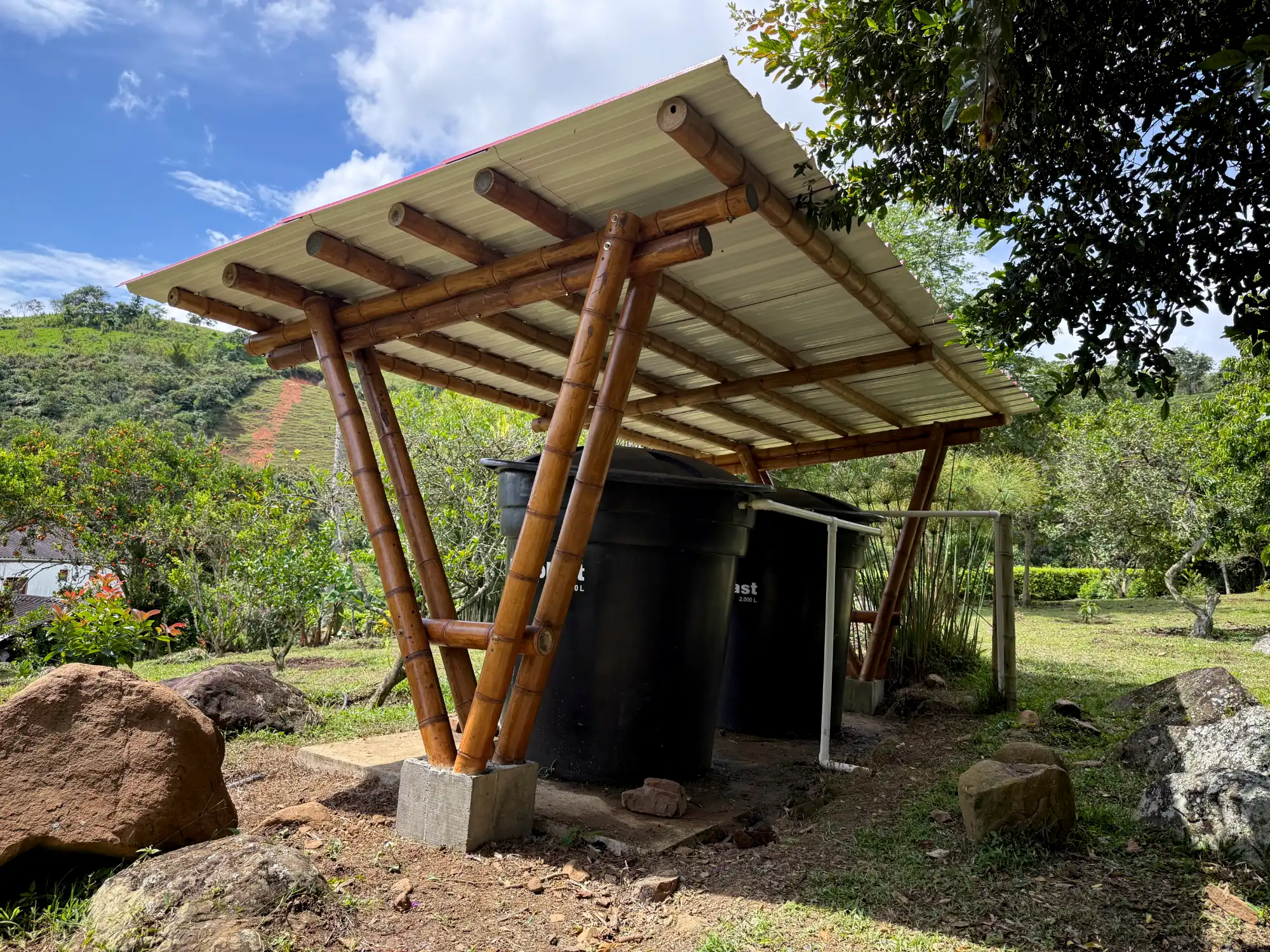 Prefab bamboo shade structure built at Hacienda Guadua Bamboo in Colombia