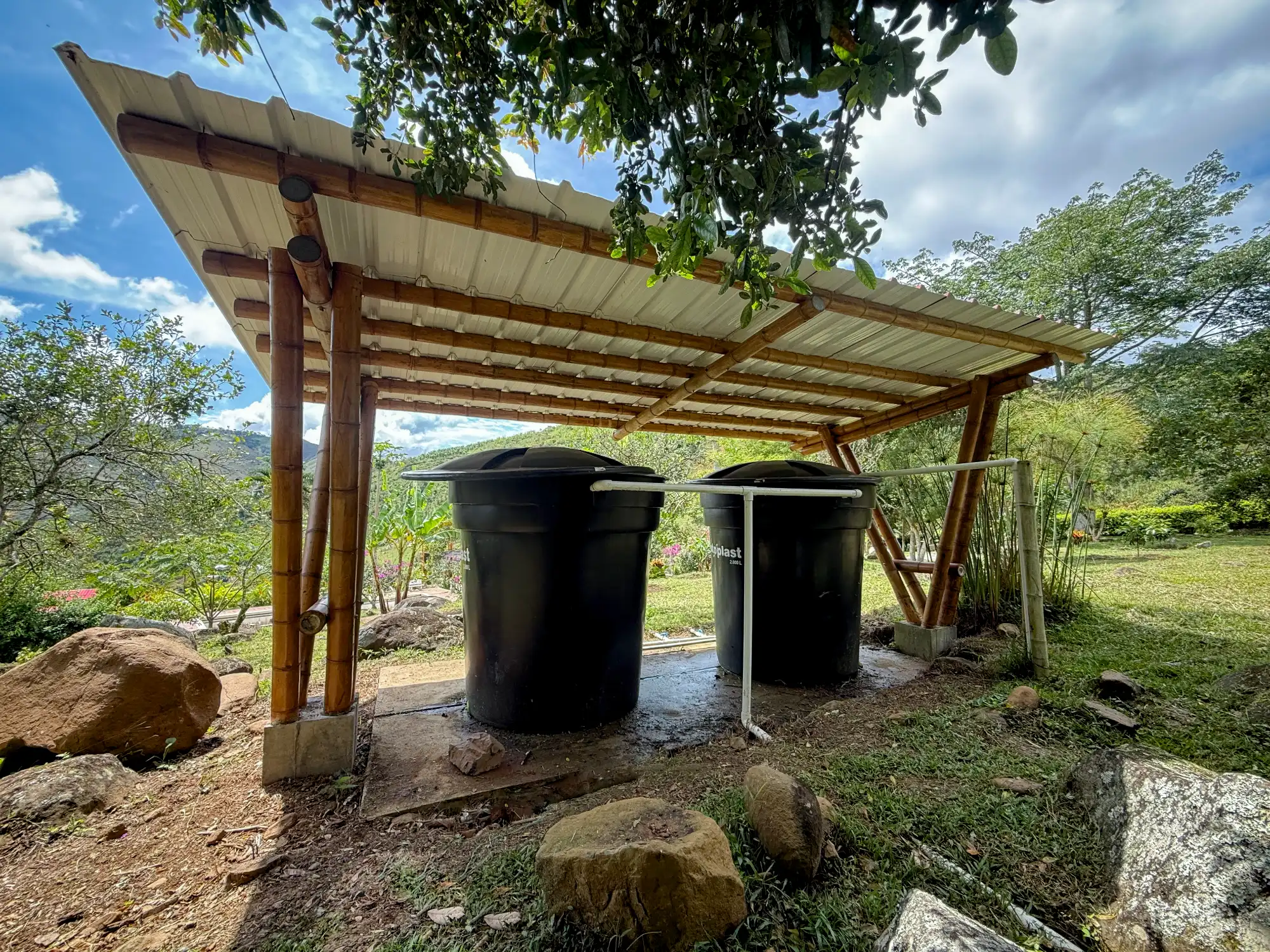 Prefab bamboo shade structure built at Hacienda Guadua Bamboo in Colombia