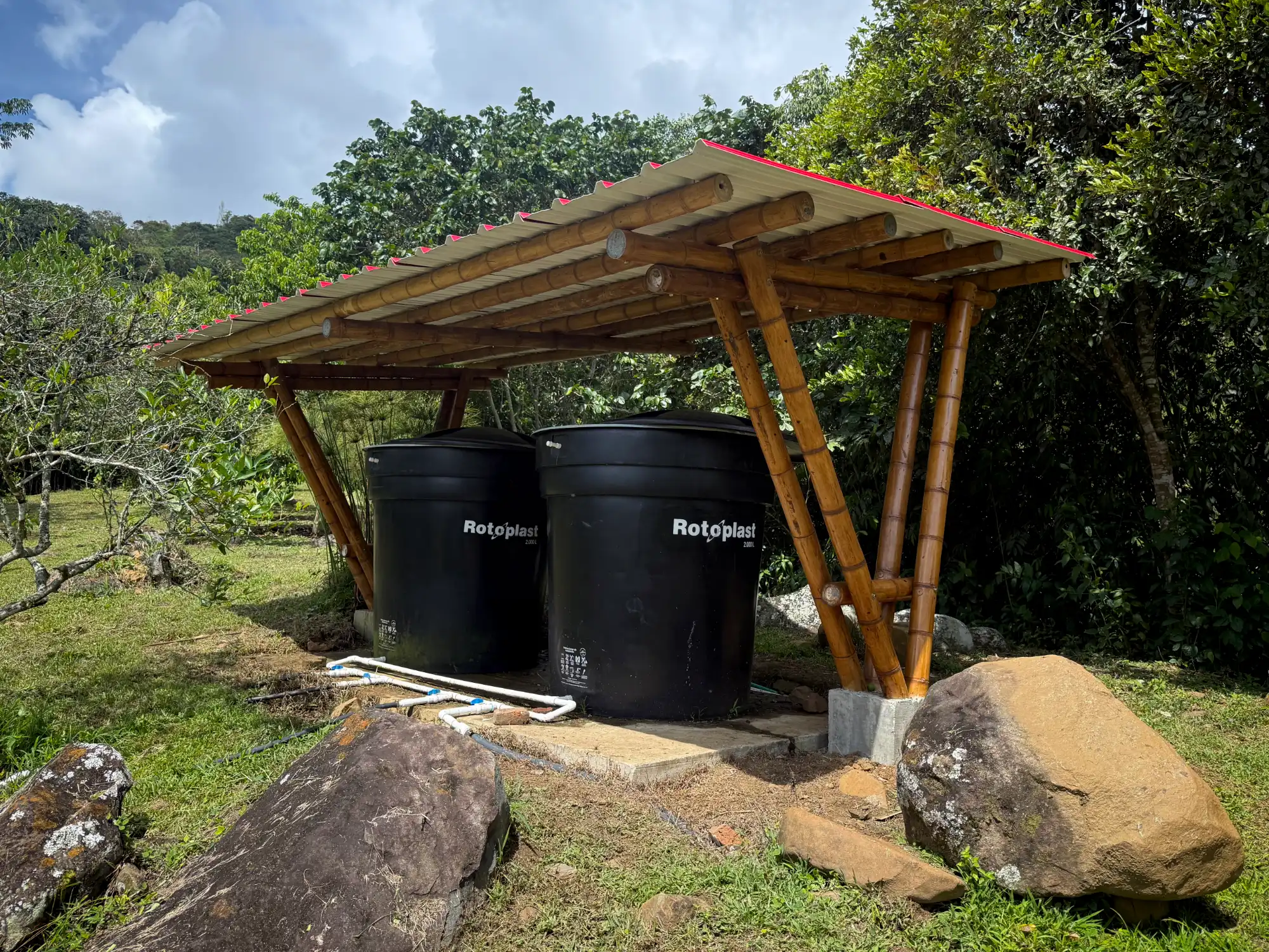 Prefab bamboo shade structure built at Hacienda Guadua Bamboo in Colombia