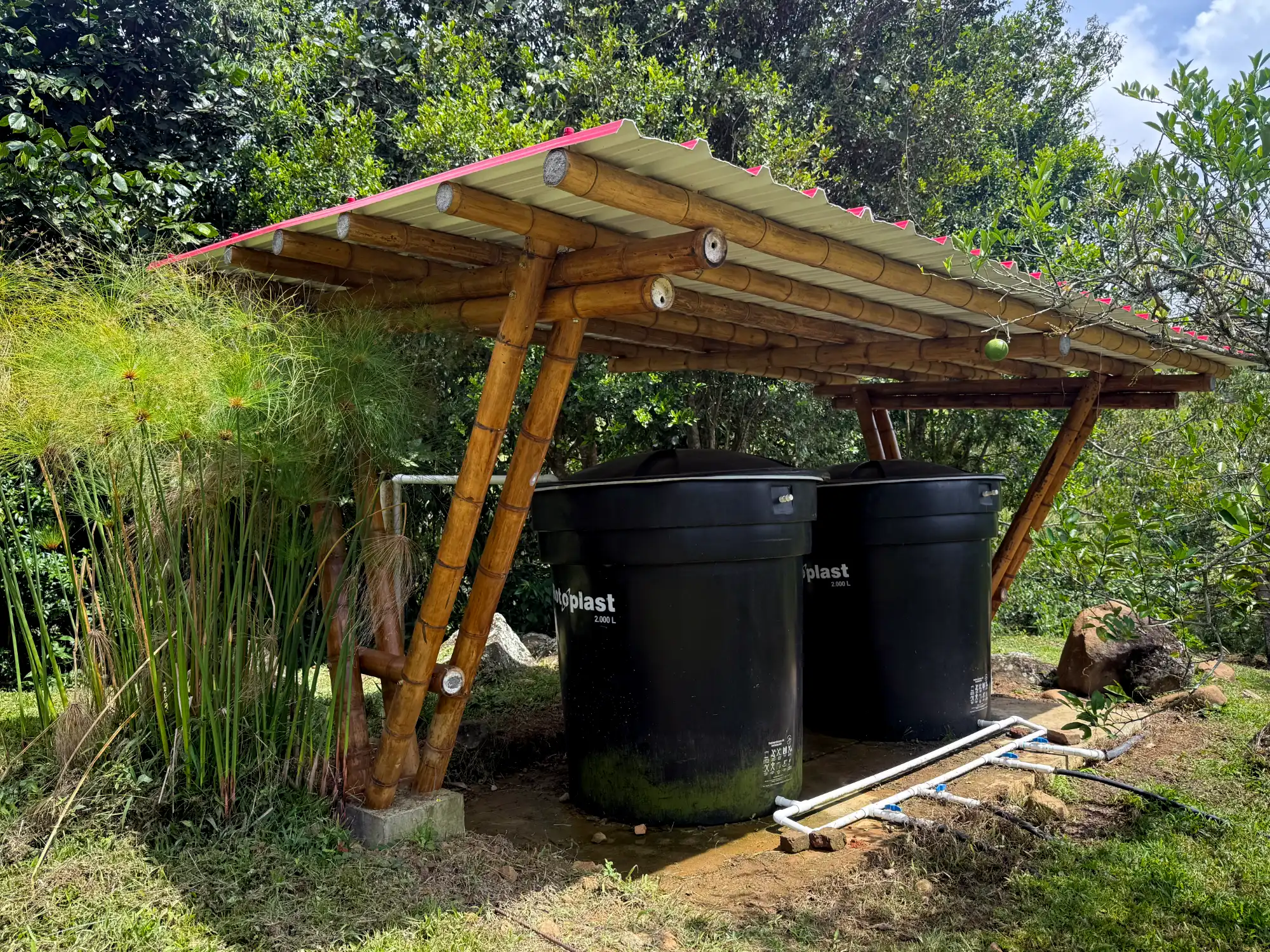 Prefab bamboo shade structure built at Hacienda Guadua Bamboo in Colombia