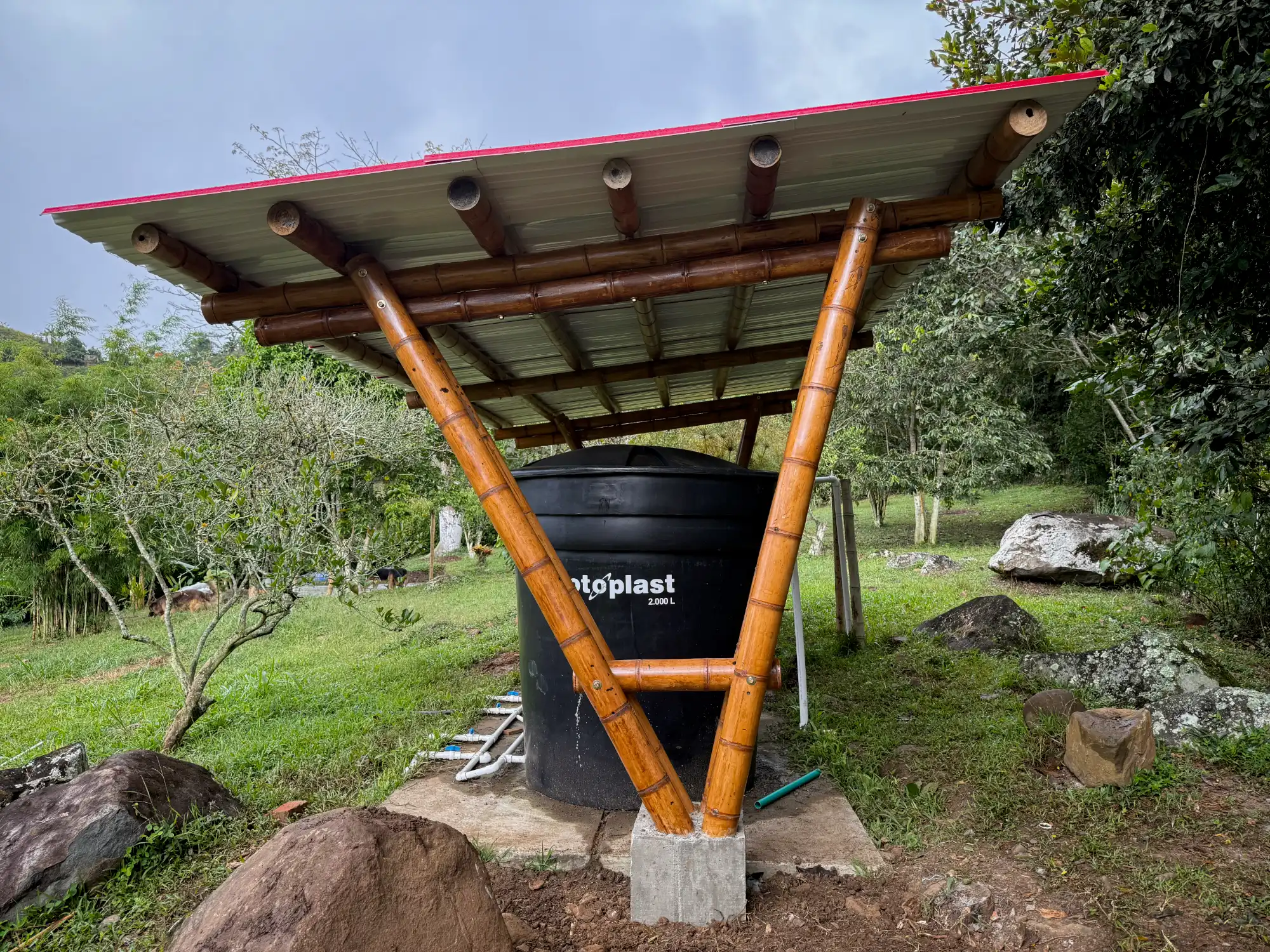 Prefab bamboo shade structure built at Hacienda Guadua Bamboo in Colombia