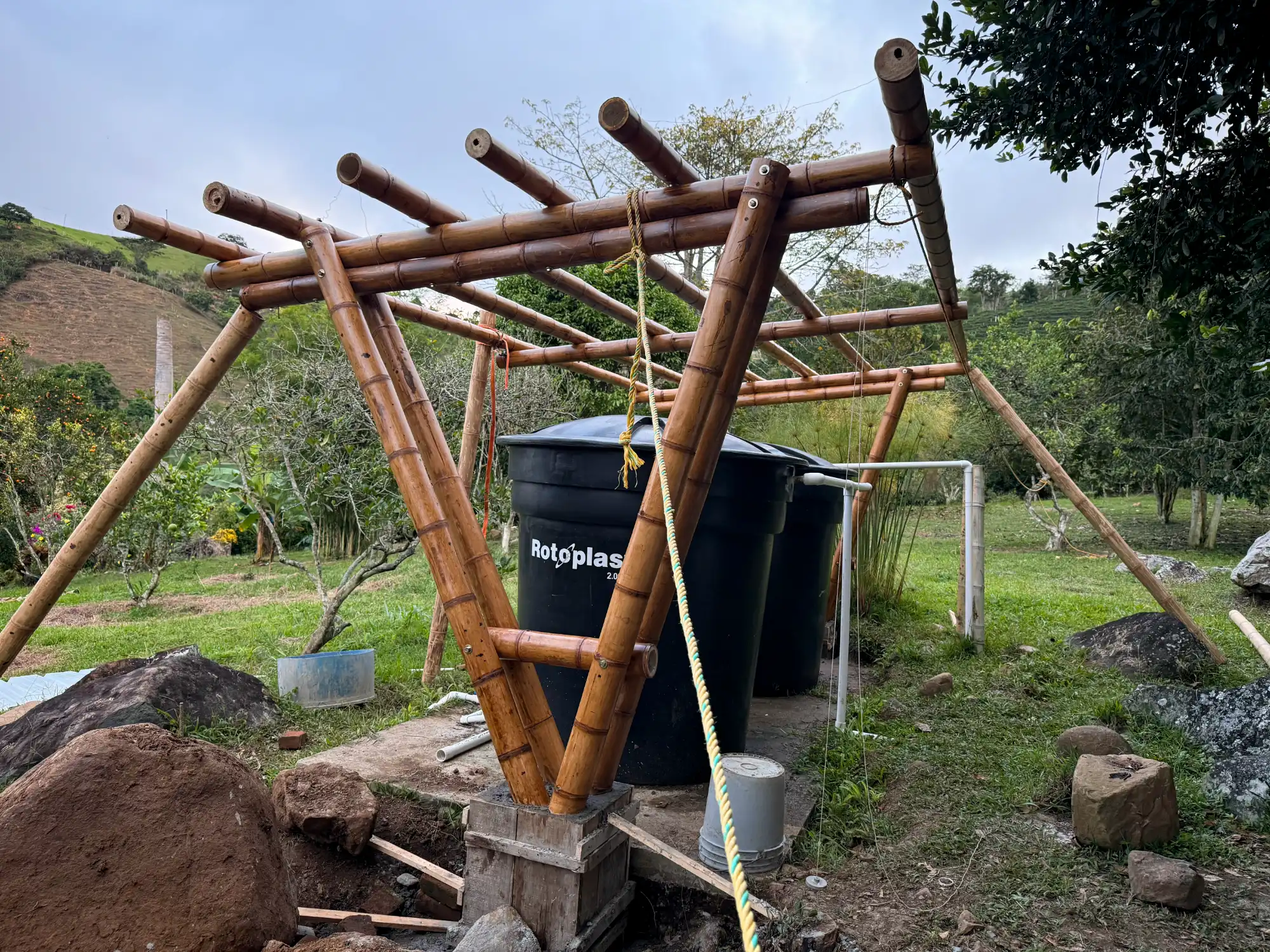Prefab bamboo shade structure built at Hacienda Guadua Bamboo in Colombia