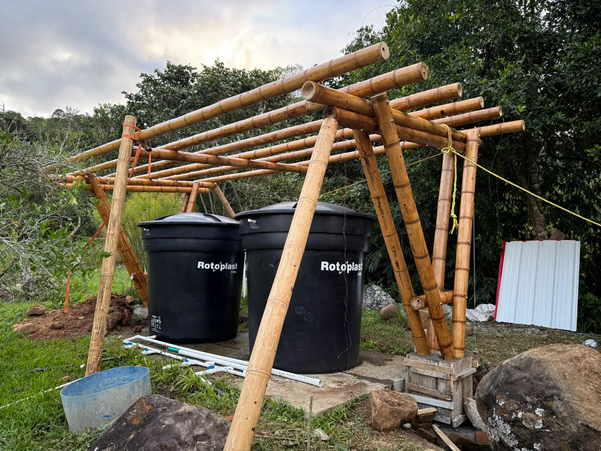 Prefab bamboo shade structure built at Hacienda Guadua Bamboo in Colombia
