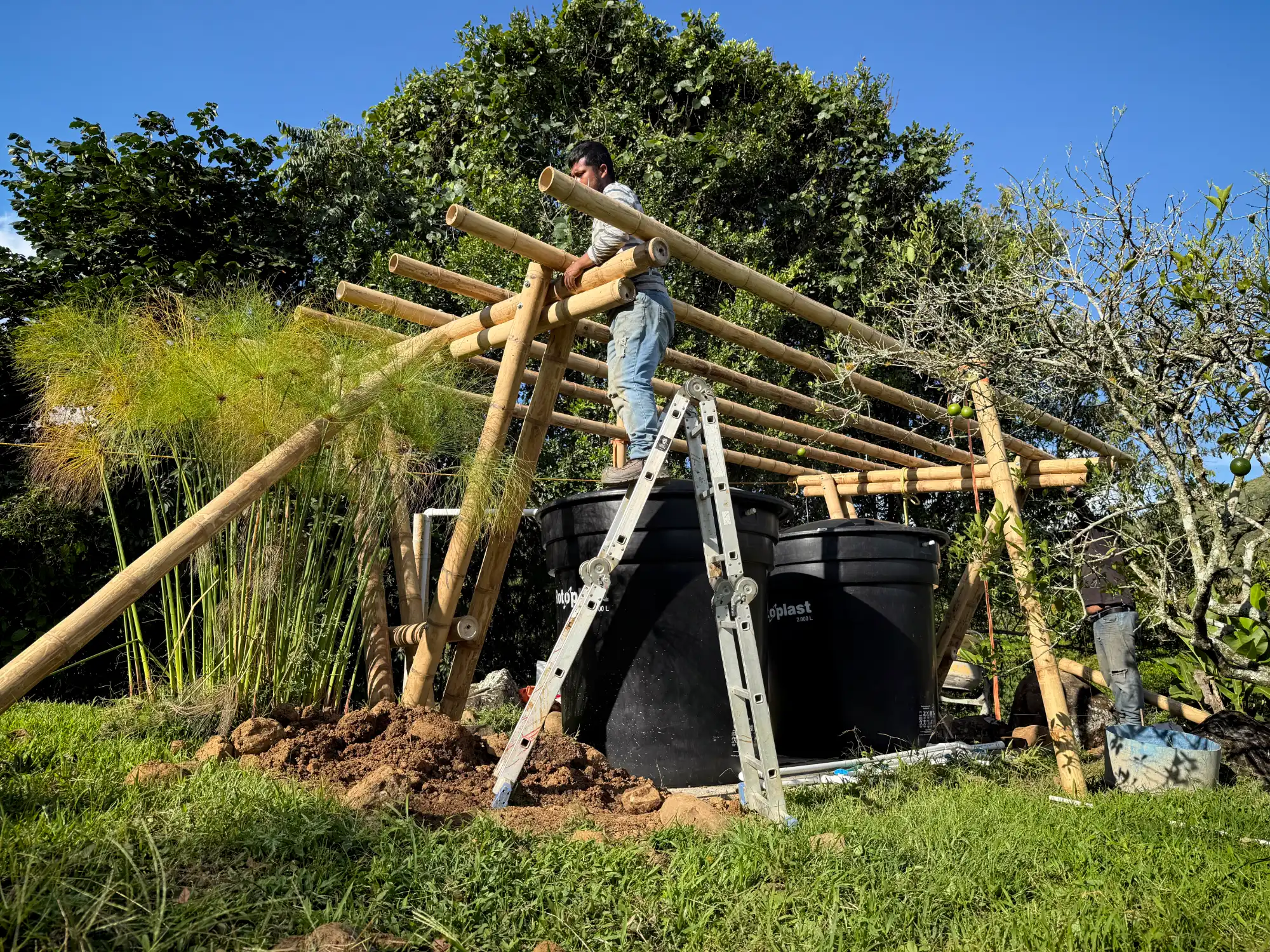 Prefab bamboo shade structure built at Hacienda Guadua Bamboo in Colombia