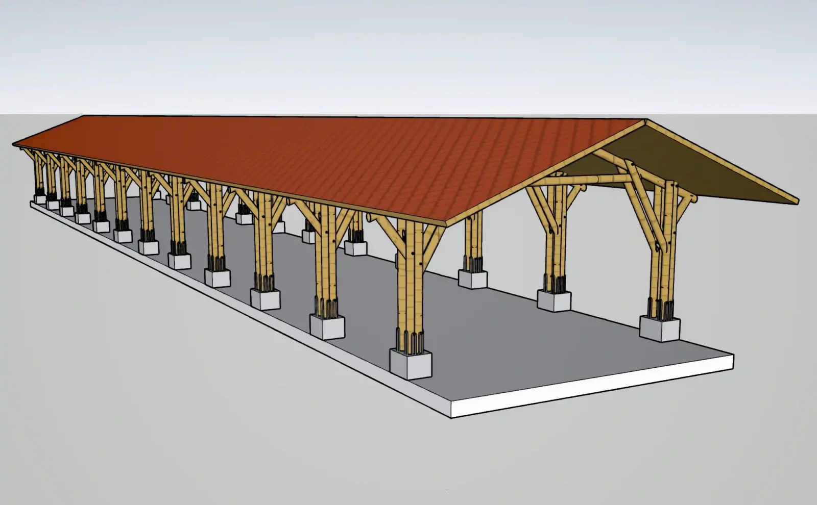 Prefabricated Bamboo School Dining Corridor Colegio Alemán Architectural render of the prefabricated bamboo school dining corridor design for Colegio Alemán de Cali