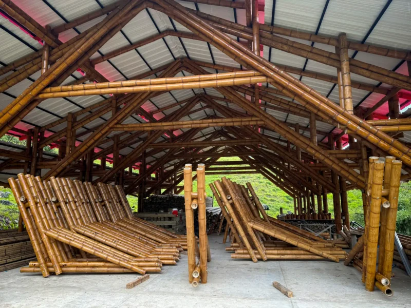 Prefabricated bamboo elements inside our production facility
