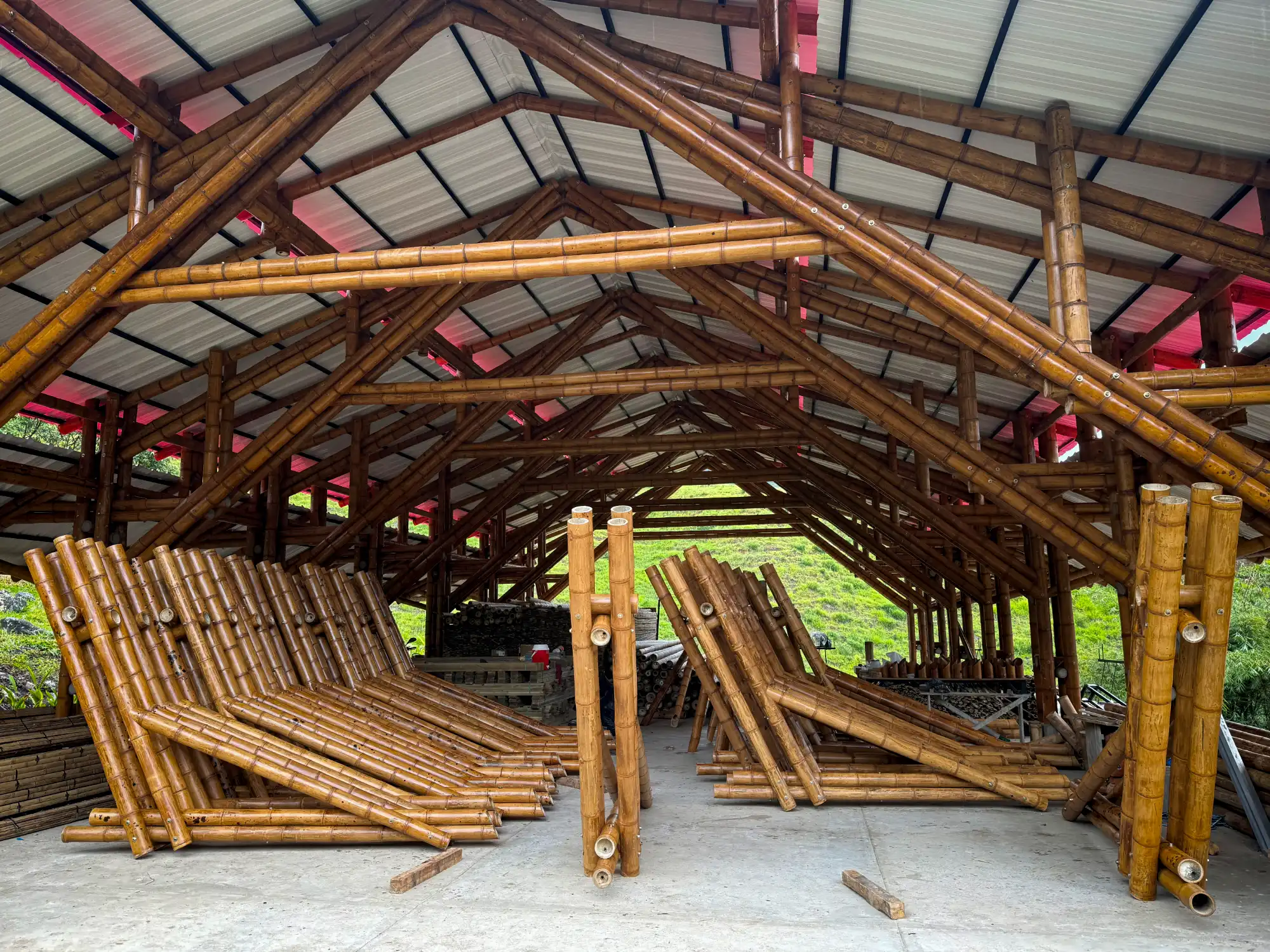 Prefabricated bamboo elements inside our production facility