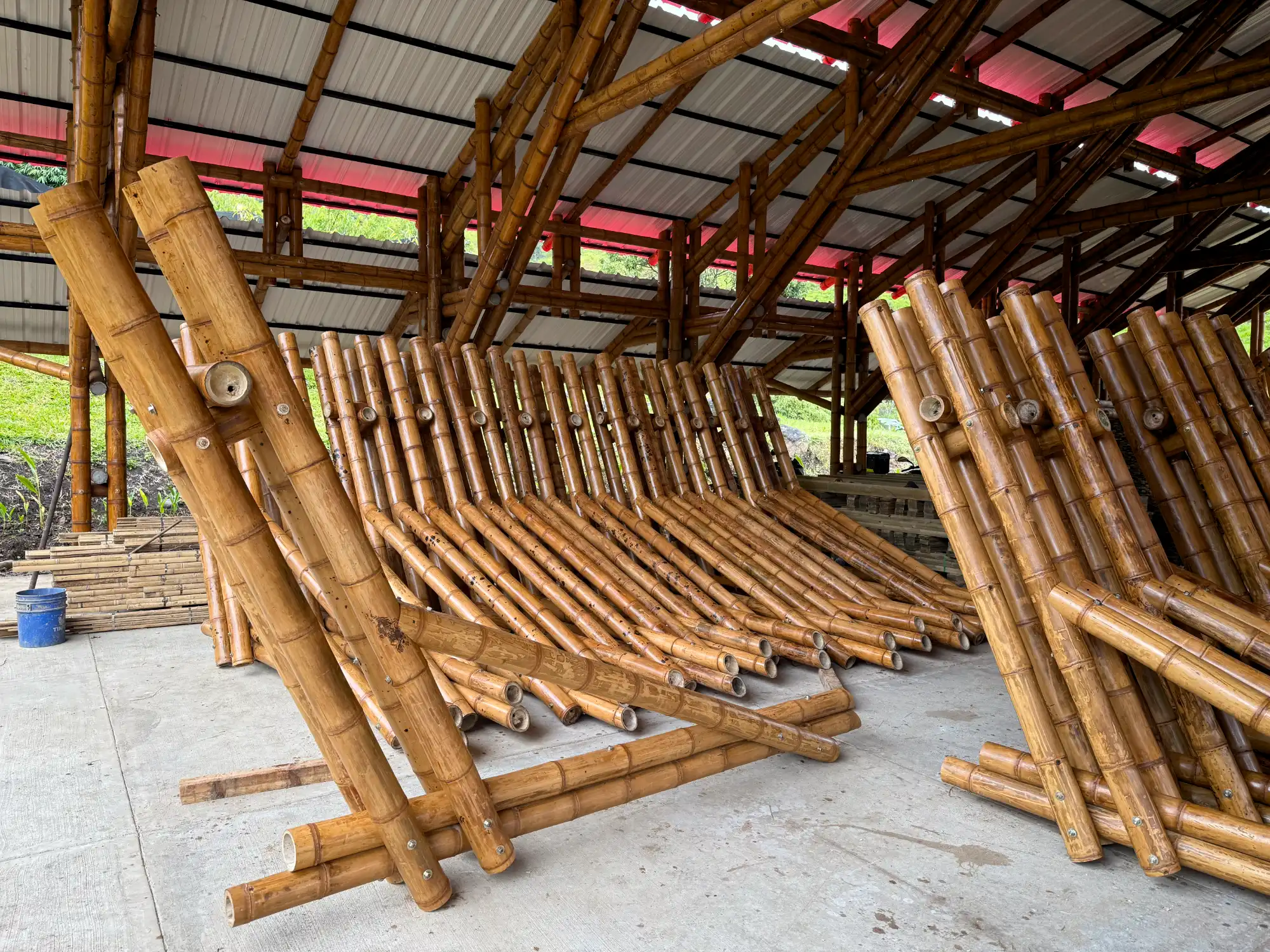 Prefabricated bamboo elements inside our production facility