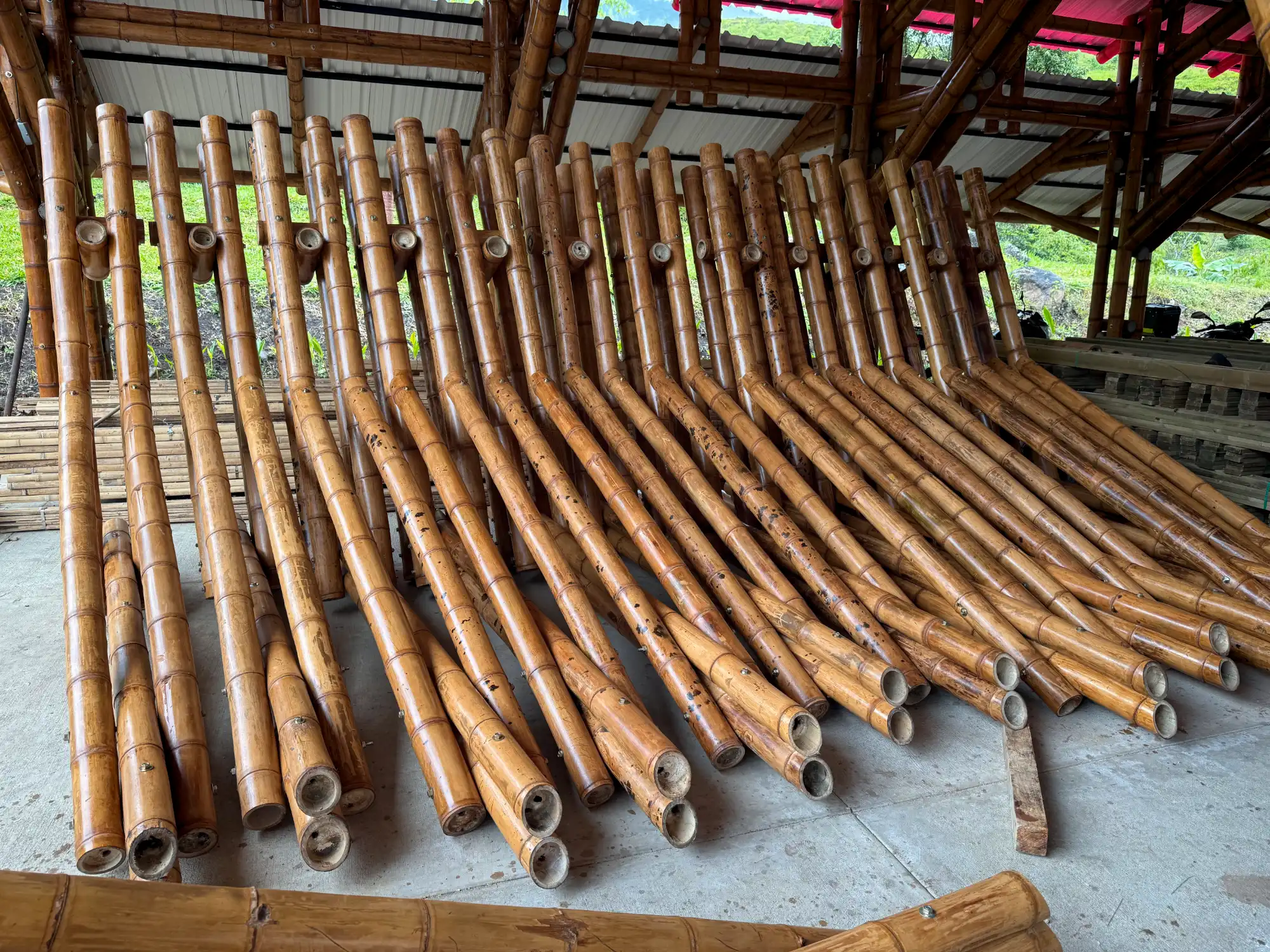 Prefabricated bamboo elements inside our production facility