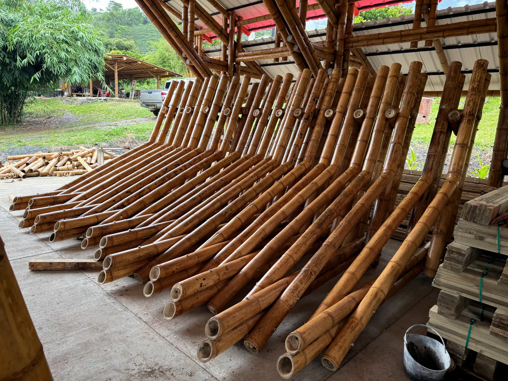 Prefabricated bamboo elements inside our production facility