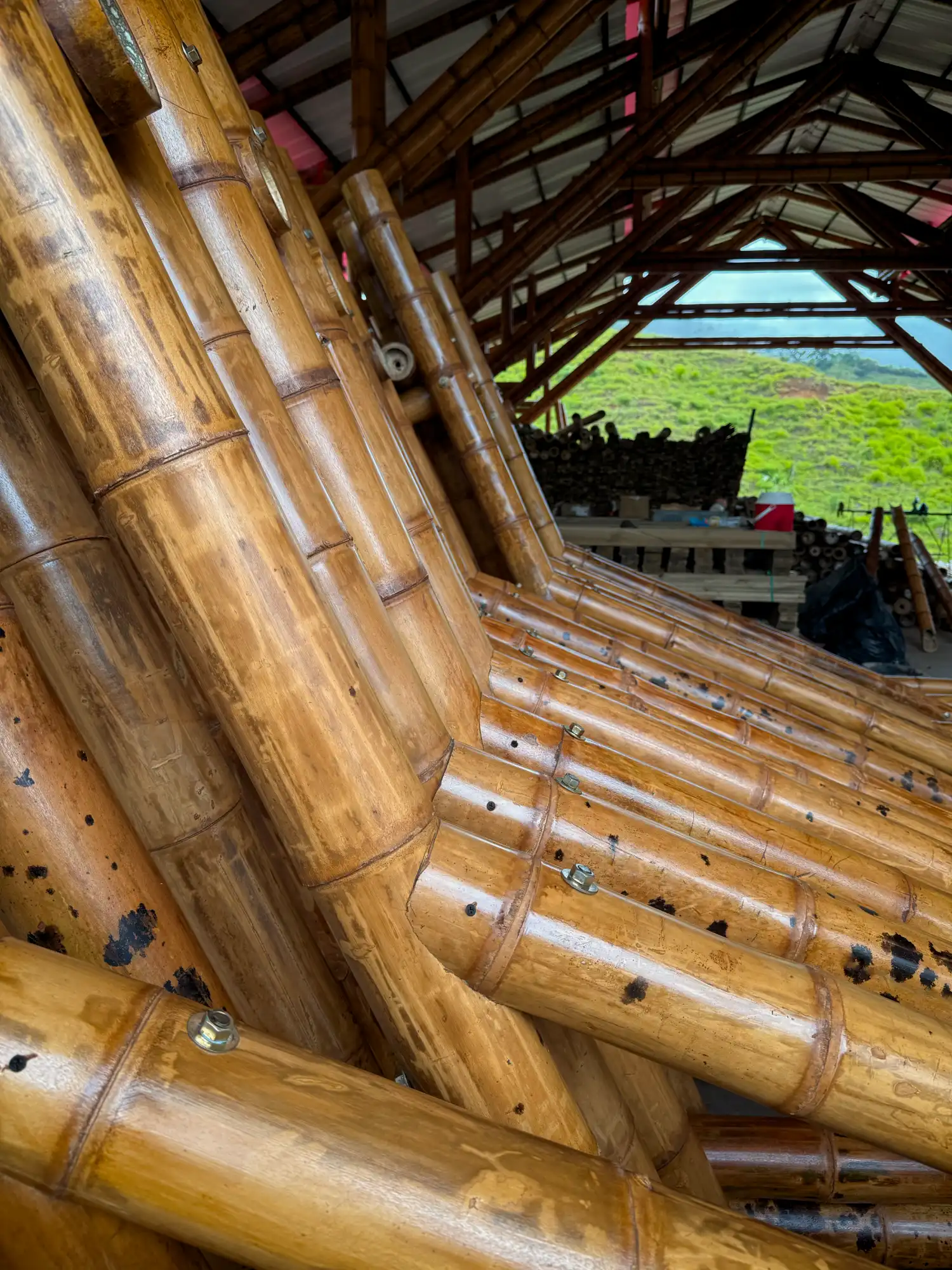 Prefabricated bamboo elements inside our production facility