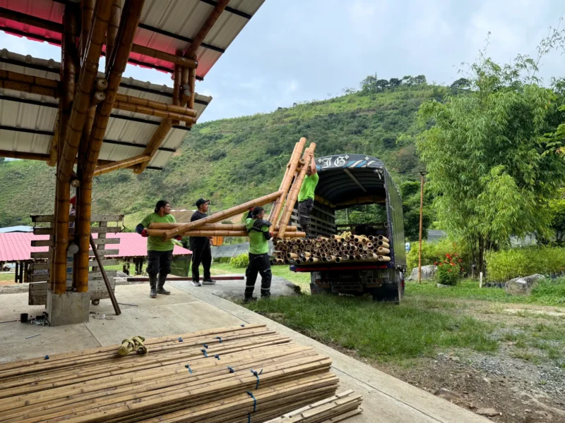 Loading prefabricated bamboo construction elements onto a truck at the Guadua Bamboo facility