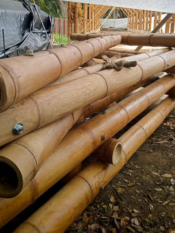 Assembling prefabricated bamboo trusses on the ground prior to installation