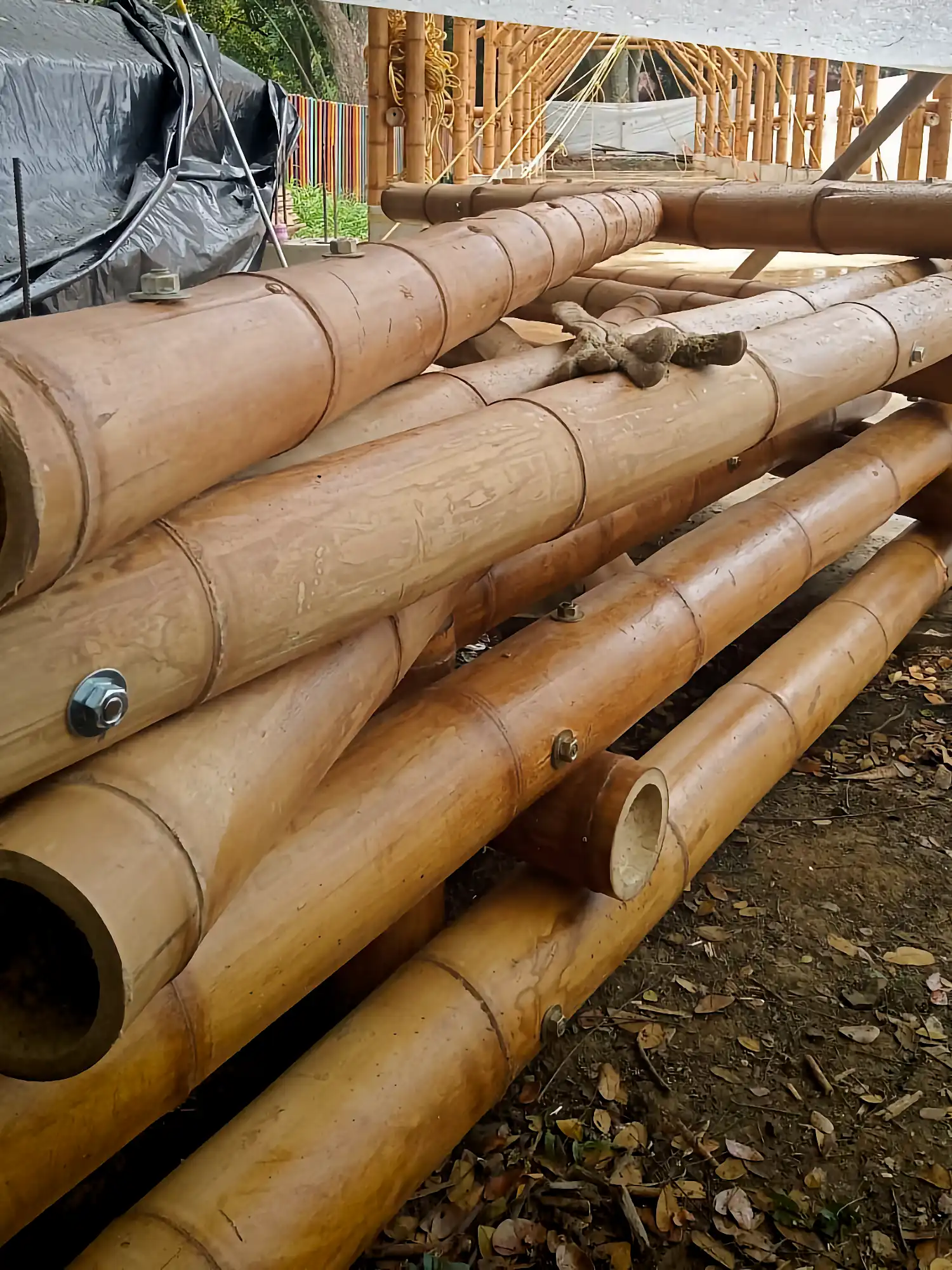 Assembling prefabricated bamboo trusses on the ground prior to installation