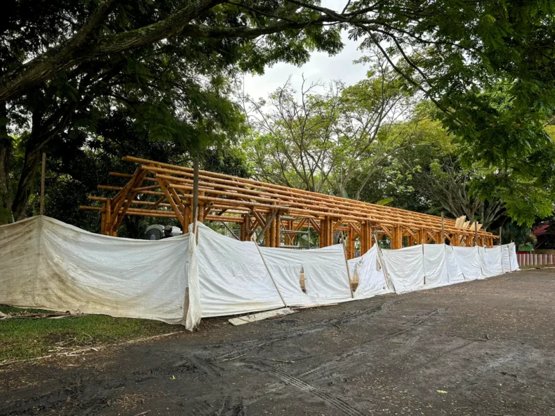 Installing the Guadua bamboo roof rafters and bracing over the prefabricated structure