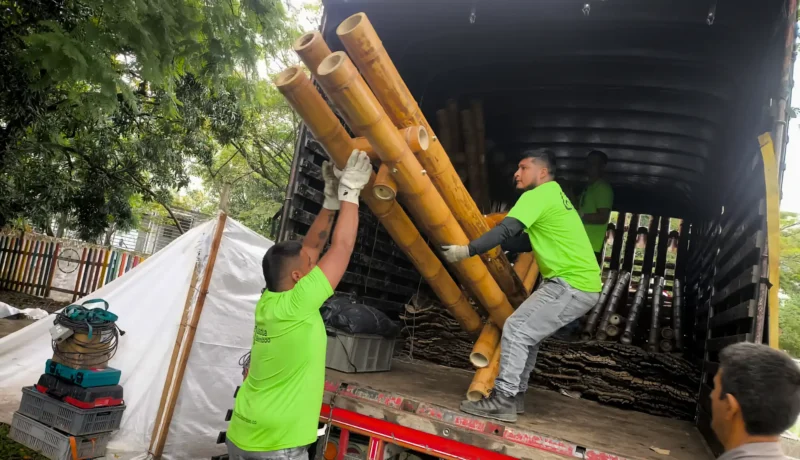 Unloading prefabricated bamboo truss and column elements at the Colegio Alemán site in Cali