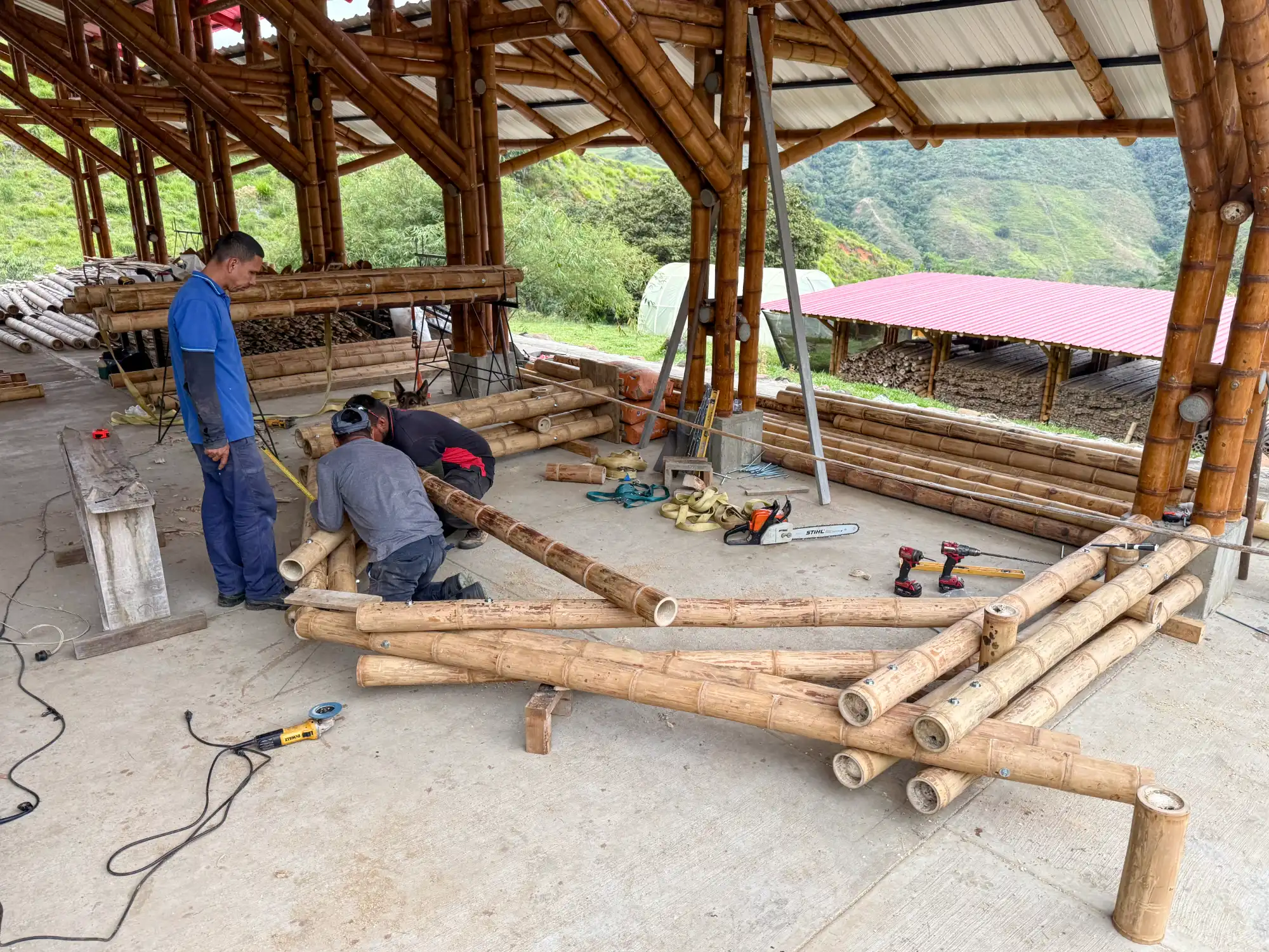 Building prefabricated bamboo structure inside our production facility