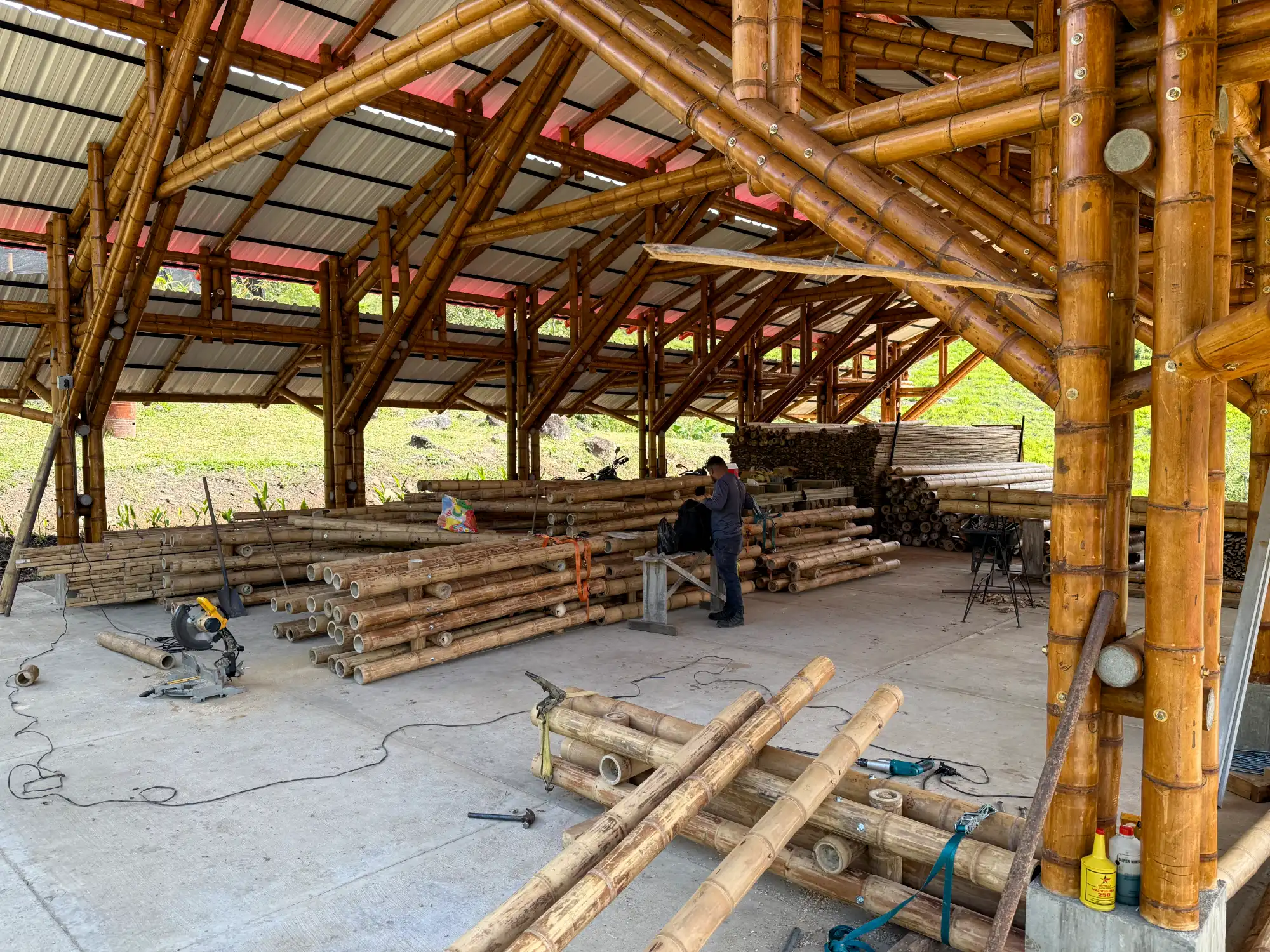 Building prefabricated bamboo structure inside our production facility