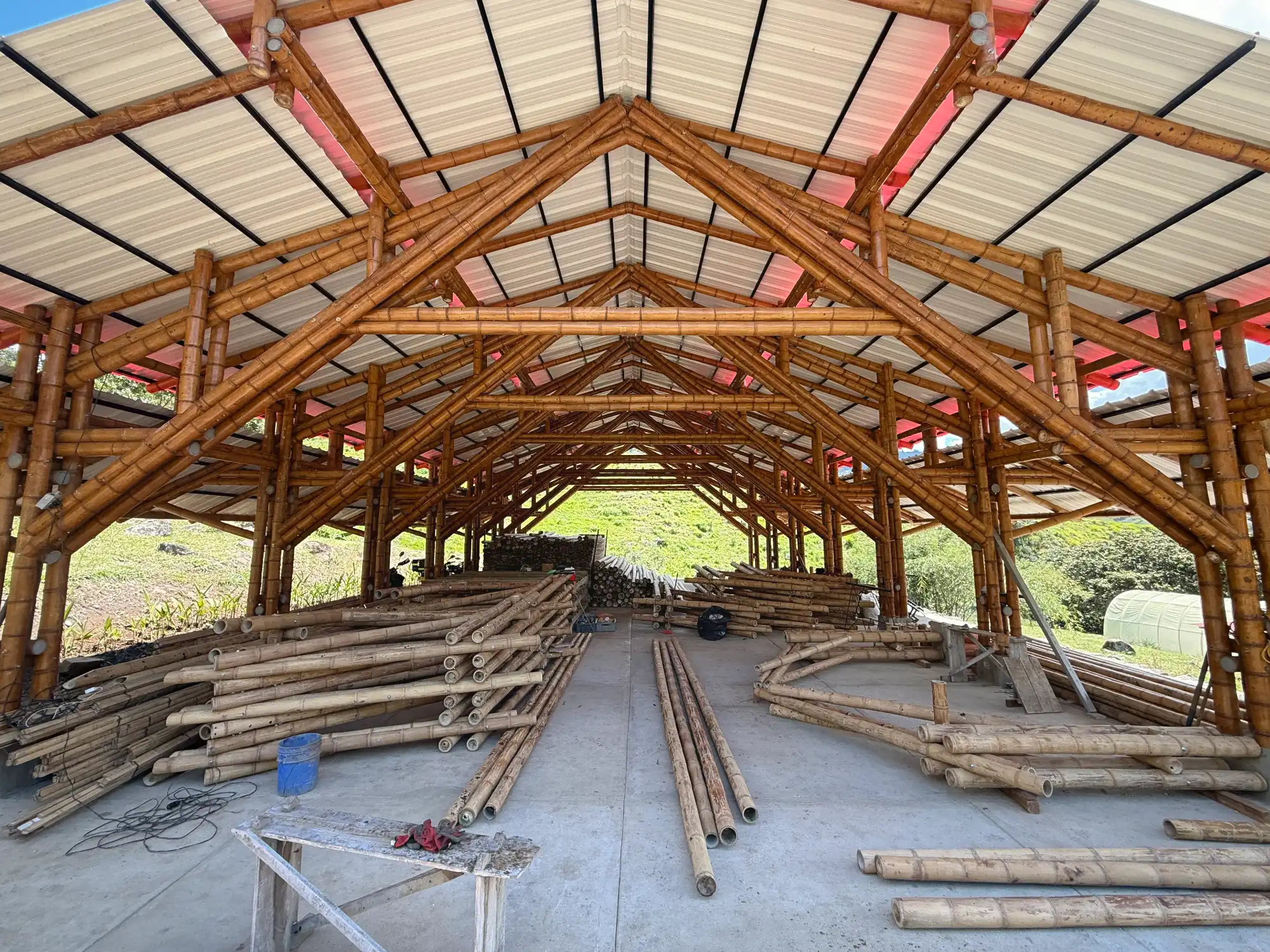 Building prefabricated bamboo structure inside our production facility